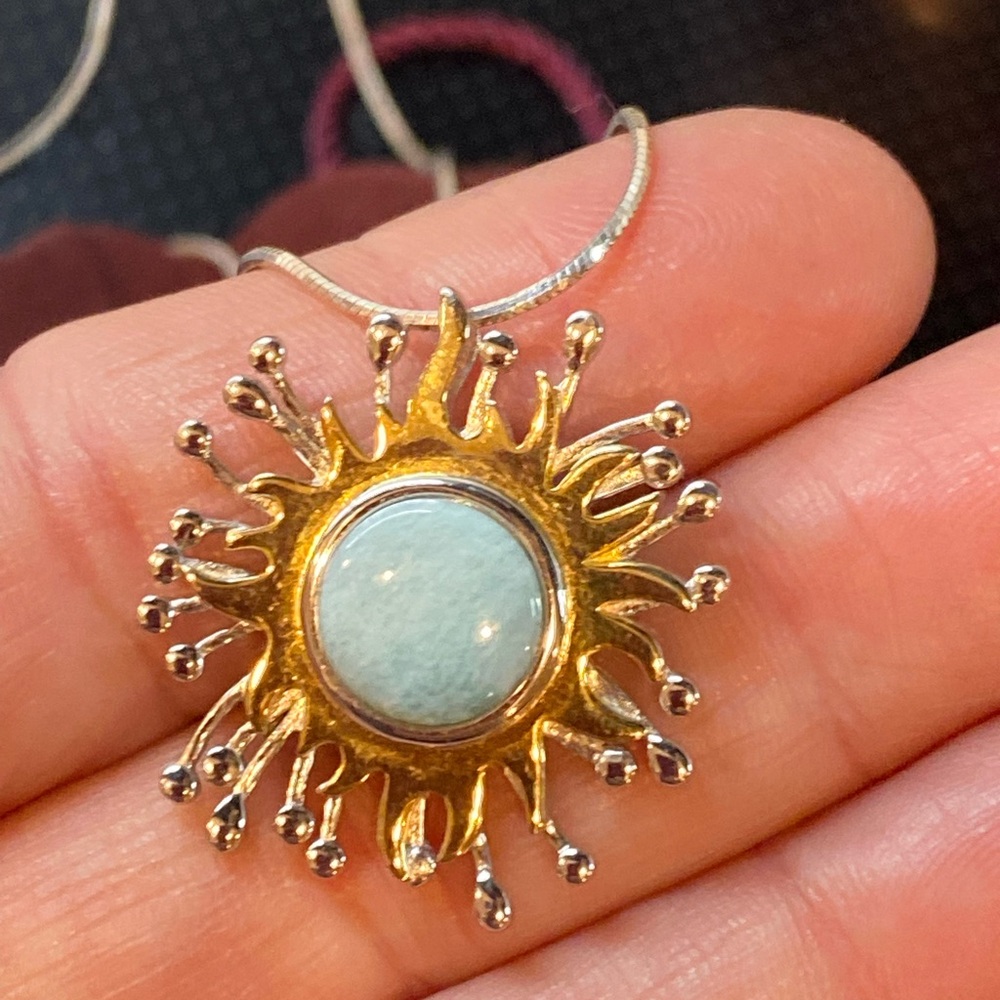 Sterling silver Boho Sun necklace pendant with  turquoise on chain new